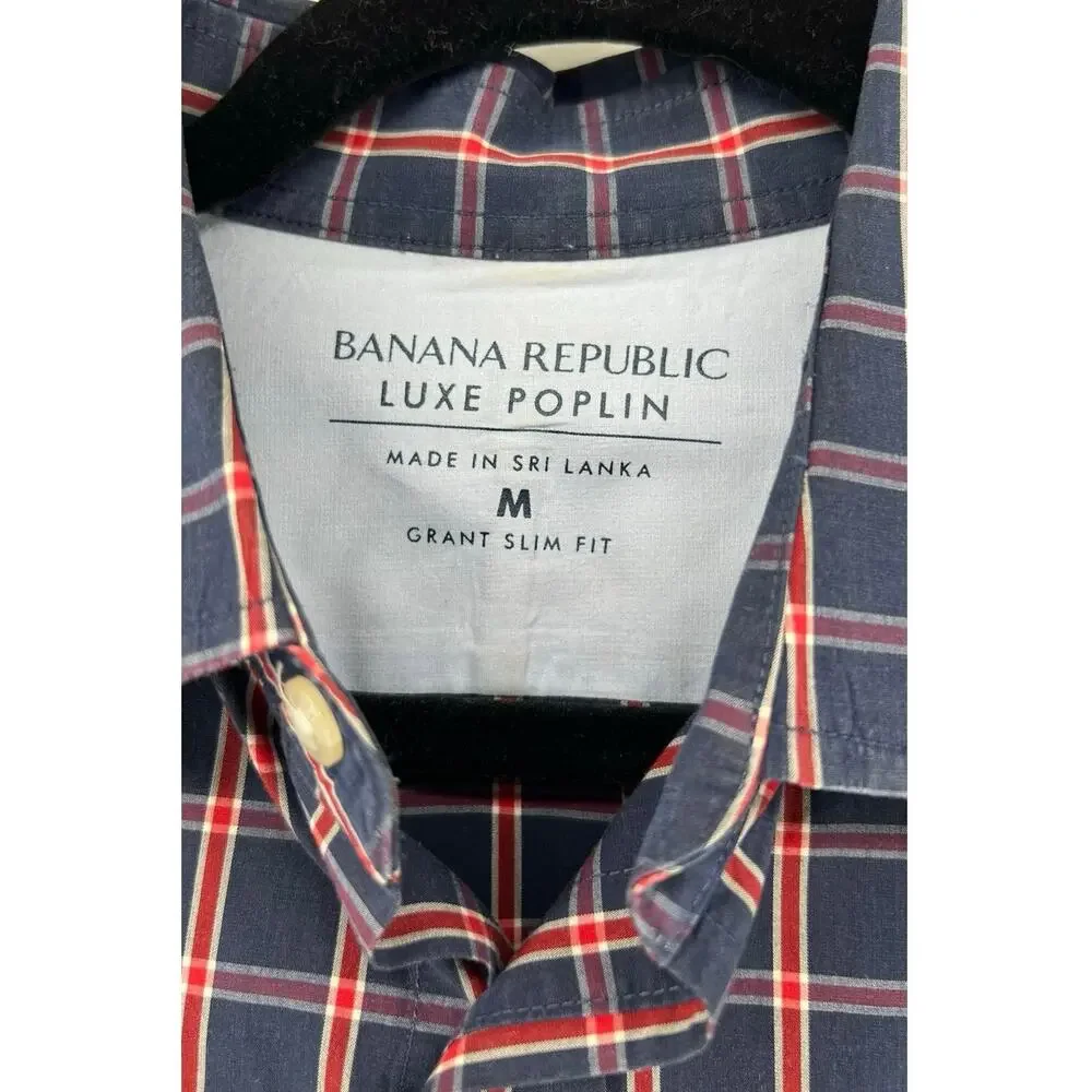 Banana Republic Luxe Poplin Shirt Men's Size M Grant Slim Fit Red Blue Plaid